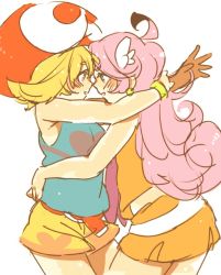 Rule 34 | 2girls, ahoge, amitie (puyopuyo), belt, blonde hair, blue shirt, blush, hug, imminent kiss, long hair, looking at another, multiple girls, muuuuu um, noses touching, orange shirt, orange skirt, piercing, pink hair, puyopuyo, raffina (puyopuyo), red belt, red headwear, shirt, short hair, shorts, skirt, sleeveless, yellow bracelet, yellow skirt, yuri