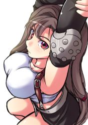 Rule 34 | 1990s (style), 1girl, breasts, brown hair, final fantasy, final fantasy vii, fingerless gloves, gloves, kitayama miuki, large breasts, long hair, red eyes, retro artstyle, short shorts, shorts, simple background, solo, tifa lockhart, white background