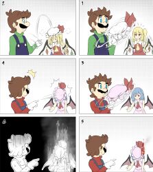 Rule 34 | 2boys, 2girls, 6koma, absurdres, ascot, blonde hair, blue eyes, blue hair, blue overalls, brown hair, comic, commentary, crystal, english commentary, facial hair, flandre scarlet, gloves, green shirt, hat, hat ribbon, highres, holding, holding clothes, holding hat, luigi, mario, mario (series), mob cap, multiple boys, multiple girls, mustache, nintendo, numbered panels, one side up, overalls, pointy ears, red ascot, red eyes, red ribbon, red shirt, remilia scarlet, ribbon, ruu (ruigi12), shirt, silent comic, sweat, throwing hat, touhou, unworn hat, unworn headwear, white gloves, wings, yellow ascot
