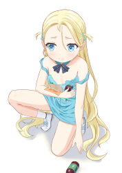 Rule 34 | 1girl, absurdres, apron, bare legs, blonde hair, blue apron, blue archive, blue eyes, bottle, highres, kneeling, long hair, looking at viewer, no bra, shoes, simple background, socks, solo, sora (blue archive), white background, white footwear, white socks