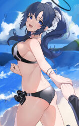 Rule 34 | 1girl, 1other, alternate costume, alternate hairstyle, ass, beach, bikini, black bikini, blue archive, blue eyes, blush, bracelet, breasts, butt crack, head tilt, highres, holding hands, jewelry, koyo akio, looking at viewer, looking to the side, medium breasts, outdoors, purple hair, red pupils, smile, solo focus, swimsuit, twintails, yuuka (blue archive)