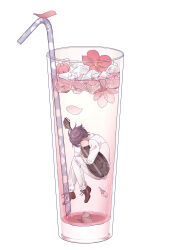 Rule 34 | 1boy, absurdres, black footwear, black hair, bubble, collared shirt, drinking straw, floating, highres, holding, holding instrument, ice, ice cube, instrument, leslie (yakusoku no neverland), long sleeves, mandolin, pants, petals, profile, rlotte, shirt, shoes, short hair, simple background, solo, white background, white pants, white shirt, yakusoku no neverland