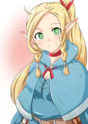 Rule 34 | 1girl, ahoge, aqua dress, artist request, blonde hair, blush, braid, breasts, capelet, choker, cleavage, dress, dungeon meshi, green eyes, hair ribbon, head tilt, highres, hood, hooded capelet, long hair, looking at viewer, marcille donato, parted bangs, pointy ears, ponytail, red choker, ribbon, shiny skin, side braid, smile, solo, twin braids, upper body