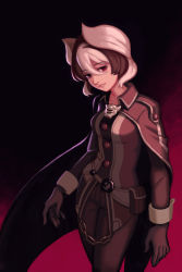 Rule 34 | 10s, 1girl, arm at side, black cape, black gloves, black hair, black pants, breasts, cape, chain, collarbone, cowboy shot, gloves, hair between eyes, highres, looking at viewer, made in abyss, medium breasts, multicolored hair, ozen, pants, parted lips, red eyes, shirt, short hair, sid (einahpetzs), smile, solo, two-tone hair, whistle, white hair