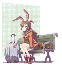 Rule 34 | 1girl, animal ears, ankle boots, bench, black skirt, boots, box, brown coat, brown eyes, brown footwear, brown hair, buckle, coat, cosplay, duffel coat, half updo, han megumi, highres, iesupa, jacket, kagari atsuko, kagari atsuko (cosplay), leaning forward, little witch academia, long hair, long sleeves, looking at viewer, luggage, miniskirt, rabbit ears, rabbit girl, rabbit tail, rolling suitcase, rwby, short ponytail, sitting, skirt, solo, suitcase, tail, thighs, velvet scarlatina, voice actor connection