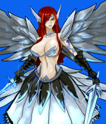 Rule 34 | 1girl, armor, bare shoulders, breasts, cleavage, dual wielding, erza scarlet, fairy tail, female focus, holding, holding sword, holding weapon, large breasts, long hair, long skirt, midriff, mikazuki shigure, pleated skirt, red hair, revealing clothes, serious, simple background, skirt, solo, sword, weapon