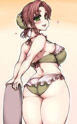 Rule 34 | 1girl, alternate hair length, alternate hairstyle, ass, back, bikini, blush, butt crack, commentary request, frilled bikini, frills, gradient background, green bikini, green eyes, green headwear, haseru (ginku mh), hat ornament, heart, highres, hong meiling, looking at viewer, open mouth, orange background, red hair, short hair, smile, solo, star (symbol), star hat ornament, swimsuit, touhou
