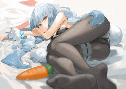 Rule 34 | 1girl, animal ear fluff, animal ears, arm pillow, ass, black leotard, black pantyhose, blue hair, blurry, braid, bridal garter, carrot, commentary request, depth of field, foreshortening, from behind, gotou (nekocat), highres, hololive, leotard, long hair, lying, multicolored hair, no shoes, on side, orange eyes, pantyhose, partially undressed, puffy short sleeves, puffy sleeves, rabbit ears, rabbit girl, rabbit tail, short sleeves, solo, streaked hair, tail, thick eyebrows, twin braids, twintails, usada pekora, usada pekora (1st costume), virtual youtuber, white hair