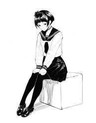 Rule 34 | 1girl, blunt bangs, blush, closed mouth, full body, greyscale, hands on own knees, loafers, looking at viewer, monochrome, neckerchief, original, pantyhose, pigeon-toed, pleated skirt, school uniform, serafuku, shoes, short hair, sidelocks, simple background, sitting, skirt, solo, tsukino wagamo