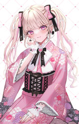 Rule 34 | 1girl, :3, anoa, black bow, blonde hair, blush, bow, closed mouth, commentary request, floral print, hair bow, hair ornament, heart, heart background, highres, japanese clothes, jewelry, kimono, lace-trimmed sleeves, lace trim, long sleeves, obi, original, pink bow, pink eyes, pink kimono, print kimono, ring, sash, smile, solo, twintails, white background, white bow, wide sleeves