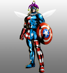 Rule 34 | 1boy, blonde hair, blue eyes, captain america, captain america (series), closed mouth, clownpiece, clownpiece (cosplay), cosplay, fairy wings, full body, gradient background, grey background, hat, hidaruma, holding, holding shield, jester cap, long hair, male focus, marvel, muscular, muscular male, neck ruff, pantyhose, polka dot, purple headwear, shield, simple background, standing, star (symbol), star print, touhou, wings