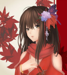 Rule 34 | 1girl, ahoge, alternate costume, bare shoulders, black hair, bracelet, breasts, bug, butterfly, butterfly hair ornament, clothing cutout, flower, hair between eyes, hair flower, hair ornament, hairclip, insect, japanese clothes, jewelry, kagerou project, leaf, long hair, looking away, looking up, maple leaf, parted lips, pink lips, red scarf, red theme, scarf, shoulder cutout, sketch, small breasts, solo, tassel, tateyama ayano, upper body, yaya (shizuku), yellow eyes