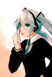 Rule 34 | 1girl, ahoge, akanbe, eyelid pull, green eyes, green hair, hatsune miku, headphones, kky, long hair, matching hair/eyes, necktie, school uniform, solo, tongue, tongue out, twintails, v-neck, vocaloid