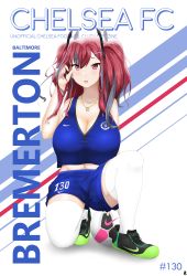 Rule 34 | 1girl, a port in any storm, absurdres, adapted costume, azur lane, ball, bare shoulders, blue shirt, blue shorts, blush, breasts, bremerton (azur lane), character name, chelsea fc, cleavage, collarbone, commentary, cover, crop top, crop top overhang, fake magazine cover, full body, green footwear, grey hair, groin, hair between eyes, hair ornament, hairclip, hand in own hair, hand up, highres, large breasts, long hair, looking at viewer, magazine cover, midriff, multicolored background, multicolored hair, navel, navel piercing, nike (company), on one knee, open mouth, piercing, pink eyes, pink hair, premier league, shirt, shoes, shorts, sidelocks, signature, sleeveless, sleeveless shirt, sneakers, soccer ball, soccer uniform, solo, sportswear, streaked hair, taut clothes, taut shirt, thighhighs, twintails, two-tone hair, white background, white thighhighs, x hair ornament