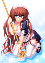 Rule 34 | 1girl, a-chan senpai, apron, blue eyes, blush, breasts, broom, brown hair, cleavage, dress, highres, kud wafter, large breasts, little busters!, long hair, looking at viewer, maid, maid apron, maid headdress, mary janes, natsume rin, puffy sleeves, red hair, ribbon-trimmed legwear, ribbon trim, shoes, short sleeves, smile, solo, squatting, thighhighs, very long hair, white thighhighs, zen