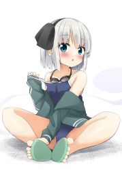 Rule 34 | 1girl, :o, bare shoulders, barefoot, blue eyes, blush, competition school swimsuit, feet, goggles, hair ribbon, highres, hitodama, jacket, konpaku youmu, konpaku youmu (ghost), long sleeves, looking at viewer, off shoulder, ribbon, school swimsuit, shishiky, short hair, simple background, sitting, sleeves past wrists, solo, swimsuit, toes, touhou, white background