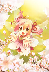 Rule 34 | 1girl, :d, cherry blossoms, dress, fairy, fairy wings, flower, grass, happy, multicolored hair, open mouth, original, outstretched arms, outstretched hand, personification, petals, pink hair, short hair, smile, solo, spring (season), tachitsu teto, twintails, two-tone hair, wings, yellow eyes
