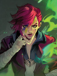 Rule 34 | 1girl, arcane: league of legends, arcane vi, bandaged arm, bandaged hand, bandages, facepaint, facial tattoo, fire, green fire, hair between eyes, league of legends, makeup, neck tattoo, parted lips, red hair, roman numeral, short hair, signature, solo, tattoo, tholia bentz, upper body, vi (league of legends), watermark, web address