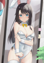 Rule 34 | 1girl, absurdres, alternate costume, animal ears, bare shoulders, baseball cap, black hair, blue eyes, blush, bow, bowtie, breasts, cleavage, commentary request, covered navel, detached collar, fake animal ears, full-length mirror, gluteal fold, hat, highres, holding own arm, hololive, indoors, large breasts, leotard, long hair, looking at mirror, looking at self, mirror, oozora subaru, pendora1022, plant, playboy bunny, rabbit ears, reflection, reflection focus, solo, strapless, strapless leotard, swept bangs, thighhighs, unworn hat, unworn headwear, virtual youtuber, white leotard, white thighhighs, white wrist cuffs, wrist cuffs, yellow bow, yellow bowtie