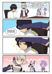Rule 34 | 4koma, :d, absurdres, adjusting another&#039;s hair, azur lane, blush, bottle, breasts, brown eyes, brown hair, comic, commander (azur lane), commentary, drinking, english commentary, english text, highres, javelin (azur lane), laffey (azur lane), long hair, medium breasts, nose blush, open mouth, parallelrey, purple hair, short hair, sitting, smile, speech bubble, twintails, very long hair, z23 (azur lane)