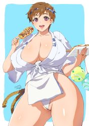 Rule 34 | 1girl, :d, breasts, brown hair, cleavage, commission, covered erect nipples, female pubic hair, food, fundoshi, headband, highres, japanese clothes, looking at viewer, mizu happi, open mouth, original, pixiv commission, pubic hair, pubic hair peek, purple eyes, short hair, smile, solo, teeth, water balloon, yajiro masaru