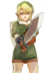 Rule 34 | 1boy, blonde hair, gloves, hat, link, male focus, master sword, nintendo, pointy ears, shield, shield on back, simple background, solo, sword, the legend of zelda, the legend of zelda: twilight princess, weapon