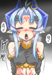 Rule 34 | 1girl, ahoge, bare shoulders, blue eyes, blue hair, blush, breasts, breath, closed eyes, dark persona, detached sleeves, earrings, eyebrows, facial mark, gem, hair ornament, heart, heavy breathing, horn ornament, horn ring, horns, jewelry, long hair, markings, matching hair/eyes, midriff, navel, open mouth, oral invitation, original, pointy ears, sexually suggestive, small breasts, solo, thick eyebrows, to-gnaniwa, tongue, tongue out, upper body