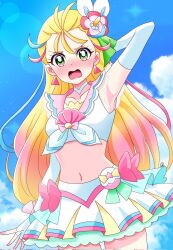 Rule 34 | 1girl, arm behind head, armpits, blonde hair, blue sky, blush, bow, cowboy shot, crop top, cure summer, day, earrings, elbow gloves, fingerless gloves, floating hair, flower, gloves, gradient hair, green eyes, hair down, hair flower, hair ornament, highres, jewelry, layered skirt, lens flare, long hair, midriff, miniskirt, momotarouooi, multicolored hair, natsuumi manatsu, navel, open mouth, outdoors, pink flower, pink hair, pleated skirt, precure, skirt, sky, solo, standing, stomach, triangle earrings, tropical-rouge! precure, very long hair, wavy mouth, white bow, white gloves, white skirt