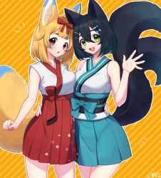 Rule 34 | 2girls, :d, :o, ^ ^, absurdres, animal ears, arm around waist, asymmetrical docking, bad id, bad pixiv id, black hair, blonde hair, blue bow, blue hair, blue hakama, blush, bow, breast press, breasts, cat ears, cat girl, cat tail, character request, closed eyes, commentary request, copyright name, cowboy shot, diagonal stripes, fish hair ornament, fox ears, fox girl, fox tail, green eyes, hair between eyes, hair ornament, hair ribbon, hairclip, hakama, hakama skirt, highres, indie virtual youtuber, japanese clothes, kimono, looking at viewer, medium breasts, multicolored hair, multiple girls, multiple tails, obi, open mouth, orange background, red eyes, red hakama, red ribbon, ribbon, sakura chiyo (konachi000), sash, signature, skirt, sleeveless, sleeveless kimono, smile, streaked hair, striped, striped background, tail, tareme, two tails, virtual youtuber, waving