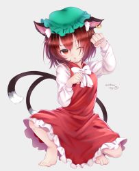 Rule 34 | 1girl, animal ear fluff, animal ears, barefoot, bow, bowtie, brown hair, cat ears, cat girl, cat tail, chen, chikuwa savy, commentary request, dress, earrings, frilled dress, frills, full body, green headwear, grey background, hat, jewelry, mandarin collar, mob cap, multiple tails, nekomata, one eye closed, open mouth, paw pose, red dress, short hair, signature, simple background, single earring, squatting, tail, touhou, two tails, white bow, white bowtie