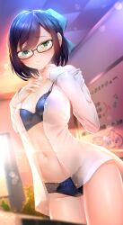 Rule 34 | 1girl, a-chan (hololive), absurdres, blue bow, blue bra, blue hair, blue panties, blurry, blurry background, blush, bow, bow panties, bra, brown-framed eyewear, buttons, commentary, cowboy shot, depth of field, english commentary, glasses, glint, green eyes, hair bow, hands on own chest, highres, hololive, indoors, long sleeves, looking at viewer, navel, no pants, open clothes, open shirt, panties, penis, shirt, short hair, small penis, solo, stomach, swept bangs, tsukimaru, underwear, virtual youtuber, white shirt, whiteboard