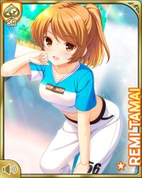 Rule 34 | 1girl, aqua shirt, brown eyes, brown hair, card (medium), day, girlfriend (kari), looking at viewer, low twintails, midriff, official art, outdoors, pants, qp:flapper, shirt, smile, solo, standing, t-shirt, tagme, tamai remi, twintails, white pants, workout clothes