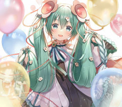 Rule 34 | 1girl, :d, anniversary, balloon, banned artist, black dress, blush, commentary request, dress, green eyes, green hair, green nails, hair between eyes, hands up, hatsune miku, holding, holding own hair, long hair, long sleeves, magical mirai miku, magical mirai miku (2021), nail polish, open mouth, pleated dress, smile, solo, twintails, very long hair, vocaloid, white background, white dress, wide sleeves, yuuka nonoko