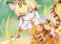 Rule 34 | 1girl, animal ear fluff, animal ears, animal print, blonde hair, blue eyes, breasts, commentary request, elbow gloves, extra ears, frilled skirt, frills, gloves, hair between eyes, holding, holding sheath, holding sword, holding weapon, kemono friends, looking at viewer, medium breasts, multicolored hair, necktie, nyifu, open mouth, plaid, plaid skirt, print gloves, puffy short sleeves, puffy sleeves, sheath, short sleeves, sidelocks, skirt, smilodon (kemono friends), solo, sword, tail, tiger ears, tiger girl, tiger print, tiger tail, twitter username, weapon, white hair, yellow necktie
