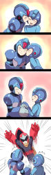 Rule 34 | 3boys, 4koma, android, proto man, kissing cheek, comic, emphasis lines, closed eyes, holding hands, helmet, highres, jiayu long, kiss, male focus, motion lines, multiple boys, open mouth, mega man (series), mega man (character), mega man (classic), mega man x (series), smile, surprised, triangle mouth, x (mega man), yaoi
