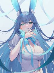 Rule 34 | 1girl, absurdres, animal ear fluff, animal ears, arm at side, blue eyes, blue hair, blue ribbon, breasts, choker, cleavage cutout, clothing cutout, commentary, copyright request, crossed bangs, frilled shirt, frills, grey shirt, hand up, highres, large breasts, light blush, long hair, looking at viewer, parted lips, puffy short sleeves, puffy sleeves, rabbit ears, ribbon, ribbon choker, seizou hidzuke, shirt, short sleeves, solo, straight hair, symbol-only commentary, upper body, wrist ribbon