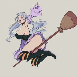 Rule 34 | 1girl, ass, black clover, blush, boots, breasts, broom, grey hair, halloween, high heels, huge ass, large breasts, long hair, looking at viewer, no panties, noelle silva, open mouth, pinkykkat, purple eyes, sideboob, simple background, skirt, socks, thick thighs, thighhighs, thighs, twintails, witch