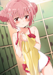 Rule 34 | 1girl, absurdres, blush, casual one-piece swimsuit, comic girls, commentary request, cowboy shot, double bun, dutch angle, embarrassed, gluteal fold, hair bun, hair ornament, hairclip, highres, locker, locker room, long hair, looking at viewer, moeta kaoruko, mousou (mousou temporary), one-piece swimsuit, pink hair, solo, standing, swimsuit, white one-piece swimsuit, x hair ornament, yellow towel