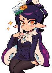 Rule 34 | 1girl, blue suit, bow, bow-shaped hair, bowtie, buttons, callie (splatoon), closed mouth, eyelashes, formal, highres, inkling, invisible chair, long hair, looking at viewer, mole, mole under eye, nintendo, official alternate costume, orange pupils, pantyhose, pointy ears, purple hair, short eyebrows, simple background, sitting, smile, solo, sparkle, splatkae, splatoon (series), splatoon 3, star-shaped pupils, star (symbol), suit, symbol-shaped pupils, tentacle hair, thick eyebrows, very long hair, white background, white bow, white bowtie