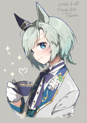 Rule 34 | 1girl, animal ears, aqua hair, artist name, blue eyes, blush, bow, bowtie, commentary request, cropped torso, cup, dated, flower, gloves, grey background, highres, holding, holding cup, horse ears, horse girl, long sleeves, looking at viewer, low ponytail, mochiko tsuru, profile, seiun sky (soiree de chaton) (umamusume), seiun sky (umamusume), short hair, short ponytail, smile, solo, umamusume, white gloves