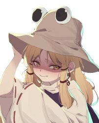 Rule 34 | 1girl, backlighting, blonde hair, blush, brown hat, closed mouth, embarrassed, eyelashes, hair ribbon, hand on headwear, hand up, hat, heoningu, highres, light smile, long hair, long sleeves, looking at viewer, moriya suwako, nose blush, parted bangs, red ribbon, ribbon, ribbon-trimmed sleeves, ribbon trim, simple background, solo, touhou, tress ribbon, tsurime, upper body, white background, wide sleeves, yellow eyes
