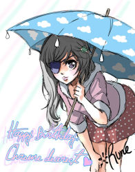 Rule 34 | 1girl, breasts, character name, chrome dokuro, eyepatch, flat color, grey hair, holding, holding umbrella, katekyo hitman reborn!, leaning forward, legs together, long hair, looking at viewer, purple eyes, runesque, small breasts, solo, standing, umbrella