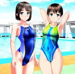Rule 34 | 2girls, absurdres, armpits, arms behind head, black hair, blue eyes, blue sky, blue one-piece swimsuit, breasts, brown hair, cameltoe, clothes writing, cloud, collarbone, competition swimsuit, covered navel, cowboy shot, day, highres, lane line, looking at viewer, multicolored clothes, multicolored swimsuit, multiple girls, one-piece swimsuit, original, outdoors, parted lips, pool, poolside, presenting armpit, short hair, sky, small breasts, standing, string of flags, swimsuit, takafumi, thigh gap