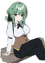 Rule 34 | 1girl, arm at side, black pants, black ribbon, blush, breasts, closed mouth, collared shirt, commentary, crossed legs, doyagao, feet out of frame, green hair, hair between eyes, hair bun, hair ribbon, large breasts, long sleeves, looking at viewer, medium hair, neck ribbon, pants, purple eyes, ribbon, shirt, sidelocks, simple background, single hair bun, sitting, smile, smug, solo, takadate orie, tenshi souzou re-boot!, tft (tft7822), white background, white shirt