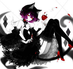 Rule 34 | 1girl, absurdres, apple, artist name, ass, bare shoulders, black dress, black hair, blood, bloody weapon, detached sleeves, dress, feet out of frame, flower, food, fruit, garter straps, gradient hair, high heels, highres, holding, holding knife, knees up, knife, limited palette, looking at viewer, multicolored hair, nail polish, original, petals, purple hair, red eyes, red flower, red footwear, red nails, red rose, rose, rose petals, sheya, signature, simple background, smile, solo, spot color, strapless, strapless dress, thighhighs, thighs, weapon, white background
