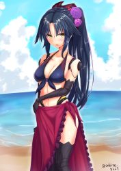 Rule 34 | 1girl, bare shoulders, beach, bikini, bikini top only, black hair, blue bikini, blue sky, blush, breasts, cleavage, collarbone, day, fate/grand order, fate (series), flower, front-tie top, hair flower, hair ornament, highres, joints, katou danzou (fate), long hair, looking at viewer, mecha musume, medium breasts, ocean, open mouth, parted bangs, ponytail, robot joints, sarong, sebire, sidelocks, sky, solo, swimsuit, yellow eyes