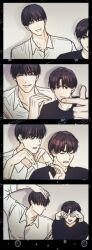 Rule 34 | 2boys, black hair, brown hair, closed mouth, collared shirt, fujoking bbu, hair between eyes, lee yoohan, male focus, multiple boys, open mouth, payback, photo strip, shirt, sleeves rolled up, smile, tongue, tongue out, white shirt, yaoi, yoon jay