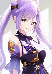 Rule 34 | 1girl, black ribbon, braid, breasts, commentary request, cone hair bun, detached sleeves, frilled sleeves, frills, genshin impact, hair bun, hair ribbon, hechi z, highres, keqing (genshin impact), long hair, looking at viewer, medium breasts, parted lips, purple eyes, purple hair, ribbon, short sleeves, smile, solo, twintails, upper body