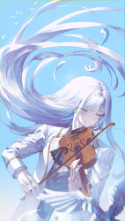 Rule 34 | 1girl, absurdres, bird, blue sky, blue vest, blurry, blurry foreground, bow (music), buttons, chromatic aberration, closed eyes, closed mouth, depth of field, expressionless, floating hair, flying, gold trim, highres, holding, holding instrument, holding violin, instrument, jacket, light particles, long hair, long sleeves, music, original, playing instrument, ramingbera, shirt, sidelocks, sky, solo, upper body, vest, violin, white bird, white hair, white jacket, white shirt