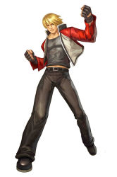 Rule 34 | 1boy, blonde hair, clenched hands, erufan, fatal fury, fingerless gloves, full body, gloves, jacket, male focus, garou: mark of the wolves, open clothes, open jacket, pants, pectorals, red eyes, rock howard, solo, taut clothes